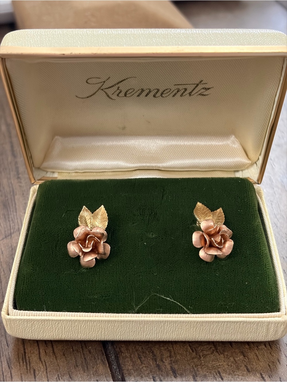 Vintage Krementz Rose Flower gold overlay Stud Earrings - two tone Gold